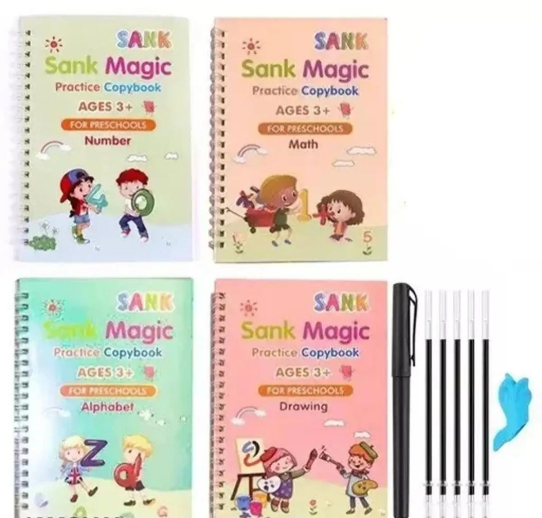 Sank Magic Book 4 in 1 Sank Magic book reusable Magic practice copybook(4 books,1 pen, 5 refills,1 grip)